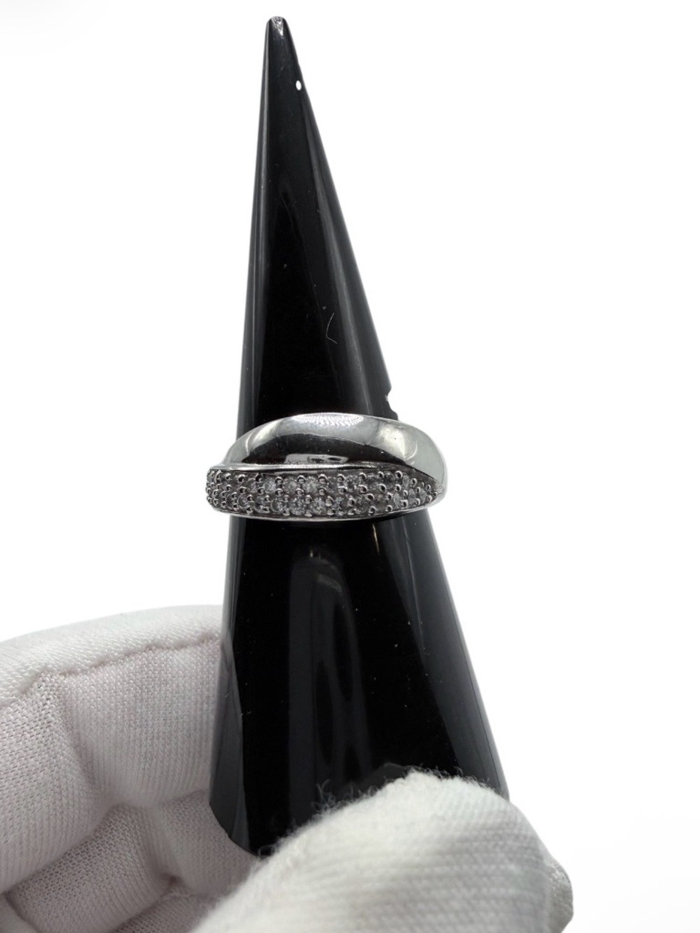 .925 Sterling Silver Clear Cubic Zirconia Pave and Plain Silver Ring